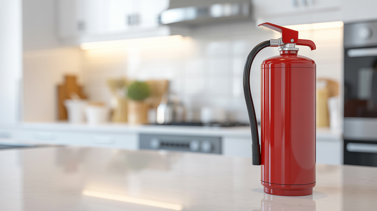 Modern fire extinguisher in a can on kitchen counter showing compact aerosol design