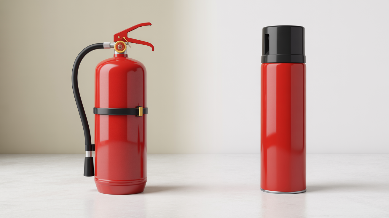 Comparison of traditional fire extinguisher and modern aerosol fire extinguisher showing size difference