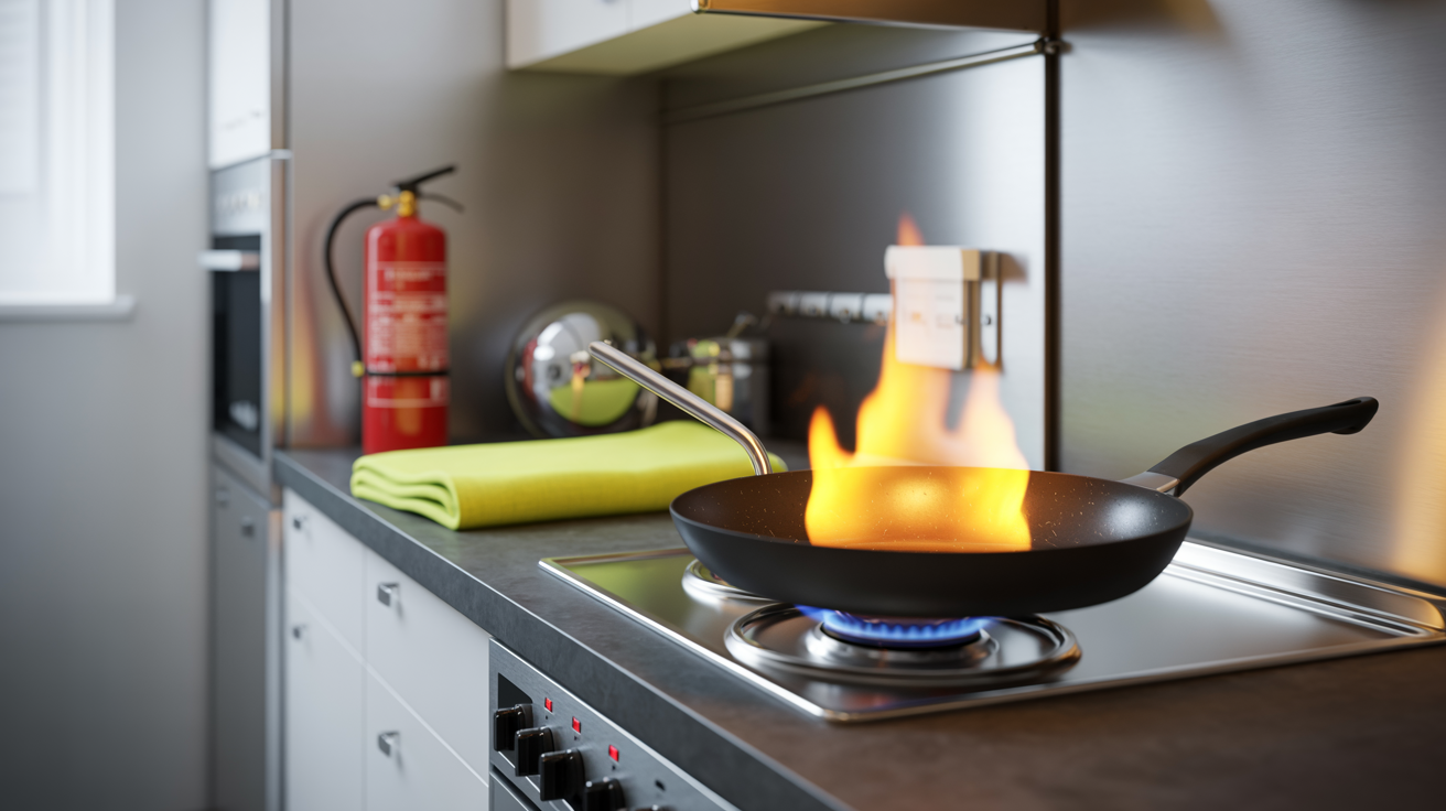 Kitchen grease fire safety demonstration showing proper fire suppression equipment