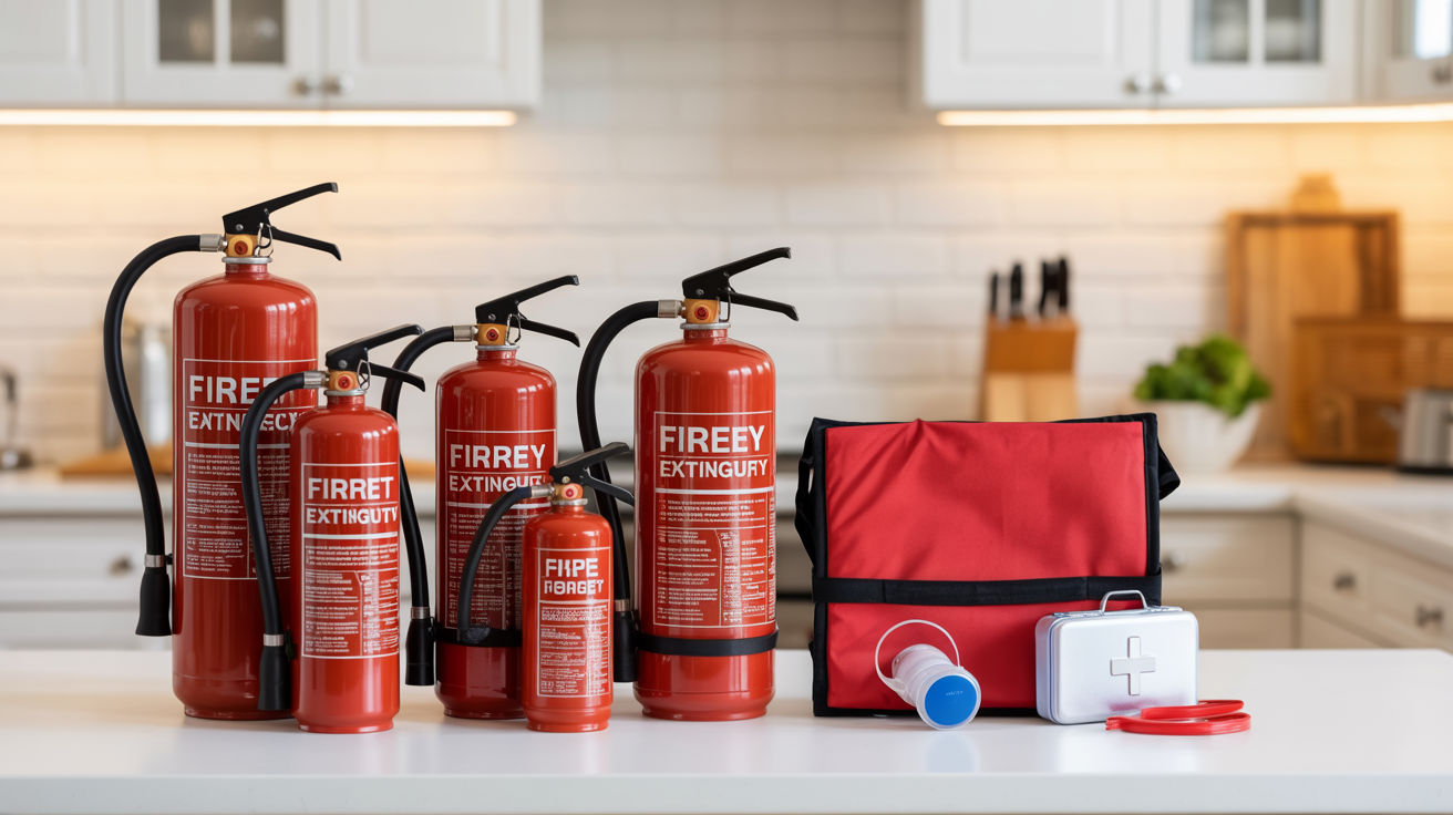 Well-organized fire extinguisher cans and safety equipment on kitchen counter